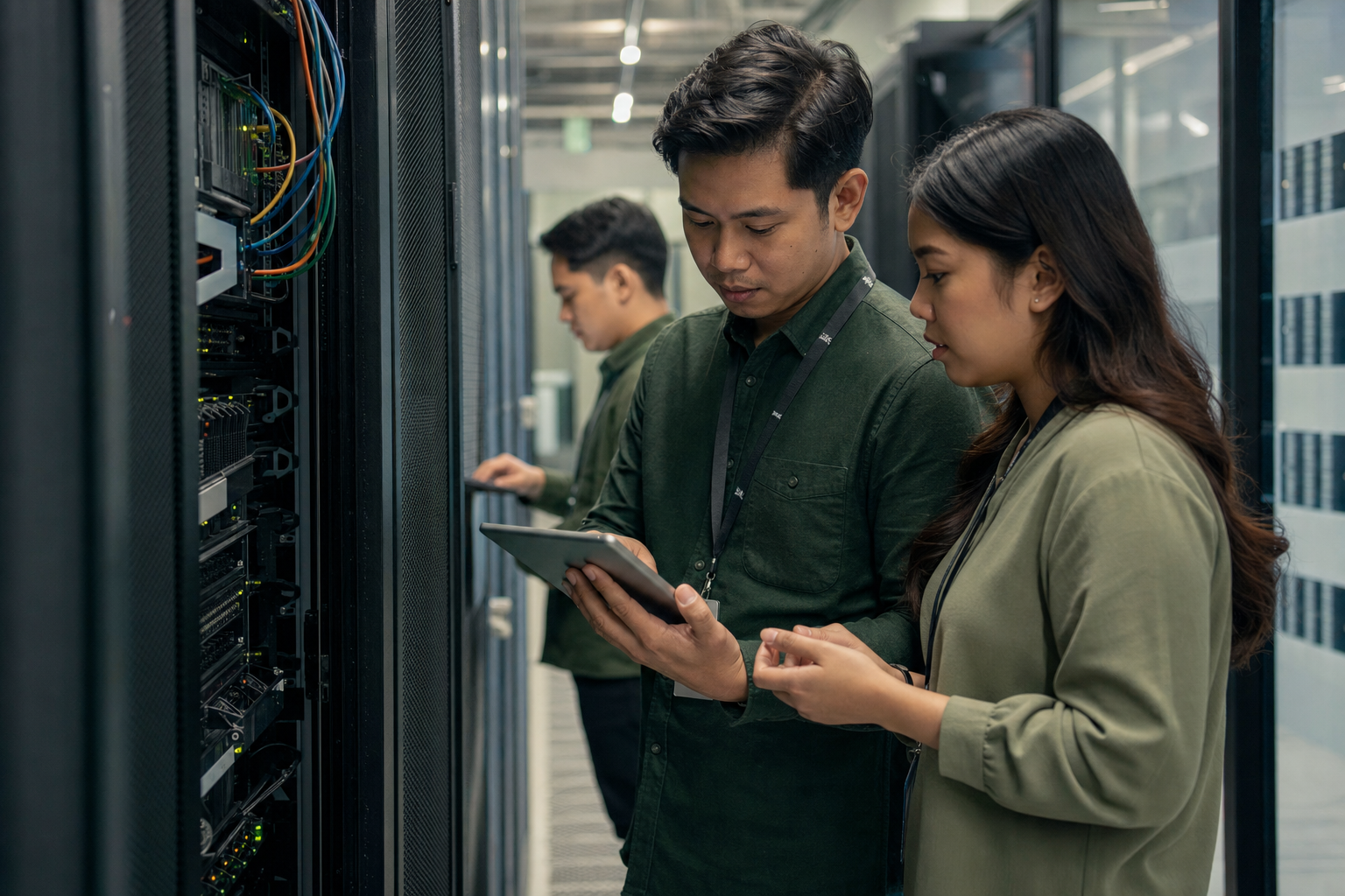 Infrastructure specialists working together in a data centre
